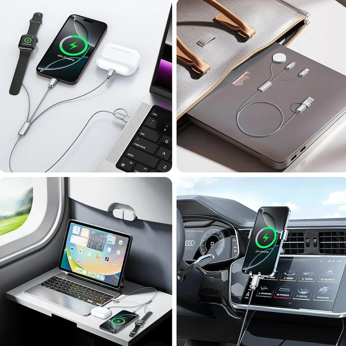 27W 3 in 2 멀티 USB C 충전 케이블 (아이워치, 아이폰 17/16/15/14/13/12 Pro Max용) USB 타입 C 고속 충전 코드 포함