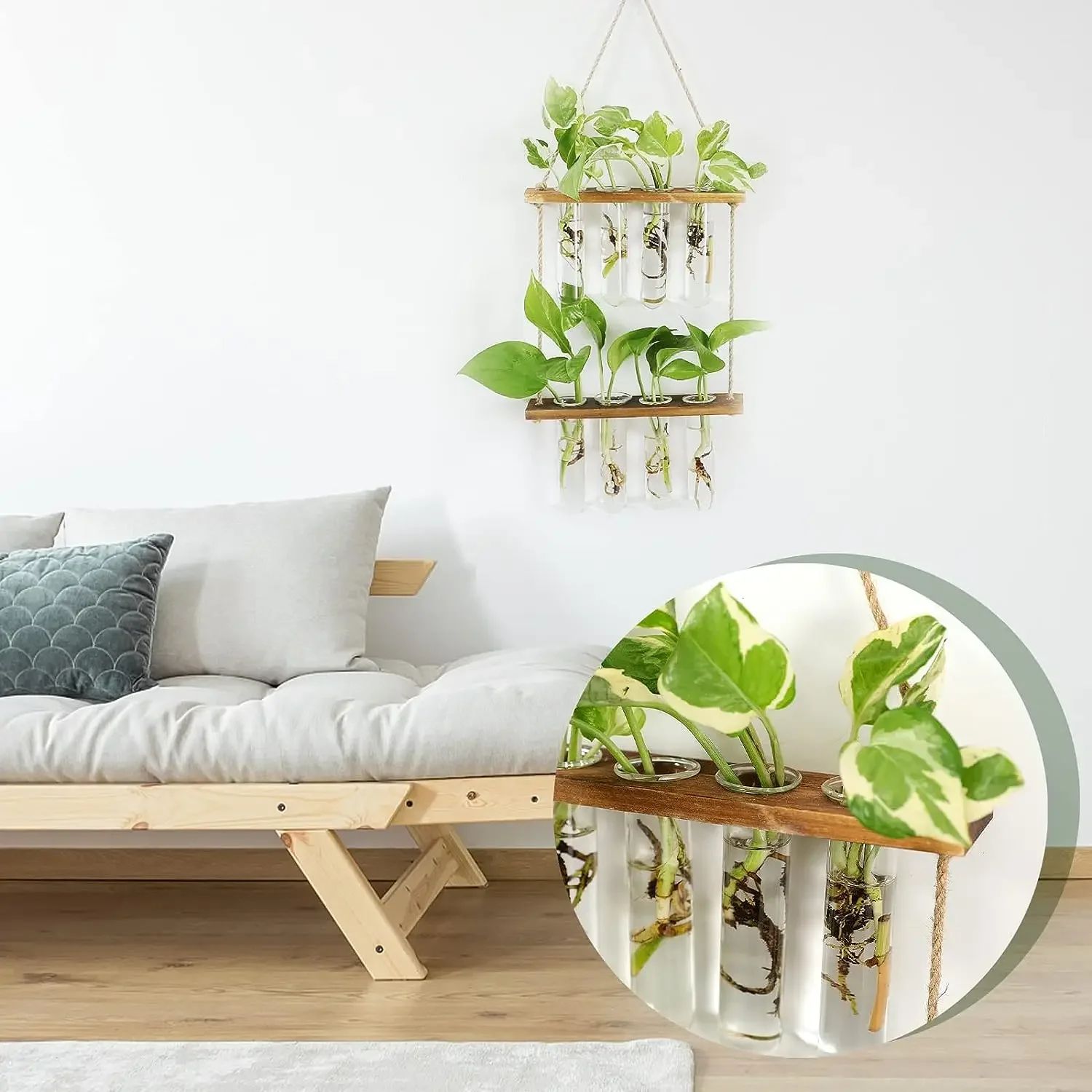Wall Hanging Test Tube Glass Planter Plant Vase with Wooden Stand & Strings Rope Glass Planter Plant Terrarium  (2 Layer)