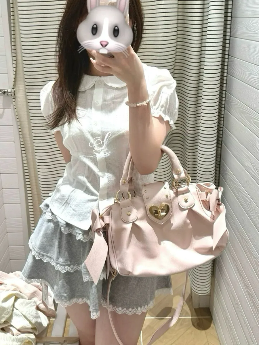 รูปสินค้า Harajuku โบว์สีชมพูกระเป๋าผู้หญิงสไตล์ญี่ปุ่นสบายๆ Crossbody กระเป๋าสุภาพสตรีหวานน่ารักขนาดใหญ่ความจุไหล่กระเป๋า