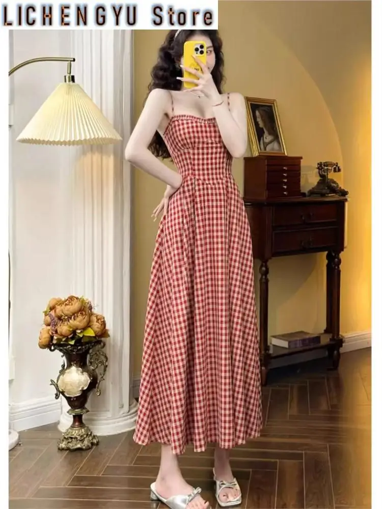 

Elegant Plaid Midi Dress Women French Vintage Spaghetti Strap A-line Spring Summer Holiday Beach Style Prom Robe Vestidos Mujer
