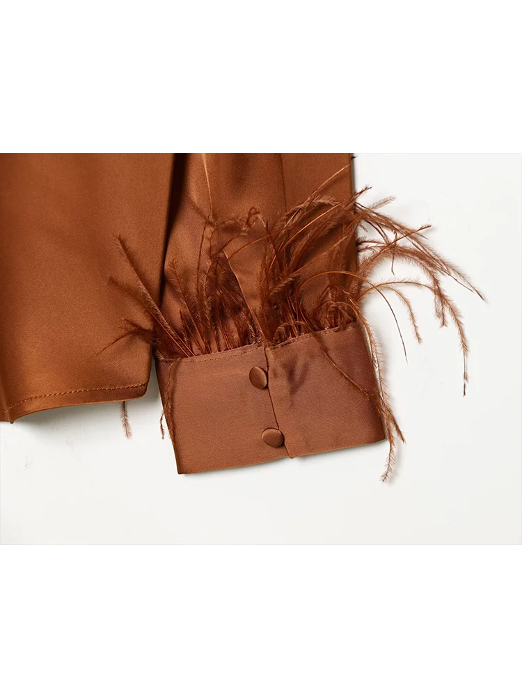 Elegant Women Satin Blouse Chic Feather Decoration Full Sleeve Turn-down Collar Single Breasted Shirt New Spring Fashion Tops