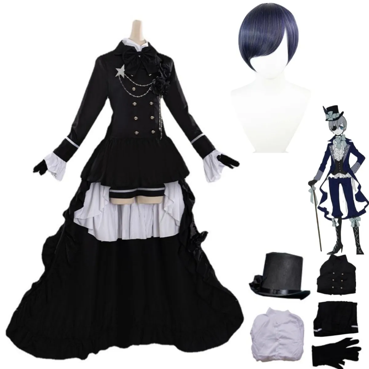 

Anime Black Butler Ciel Phantomhive Smile Cosplay Costume Wig Dovetail Evening Dress Coat Man Woman Halloween Carnival Suit