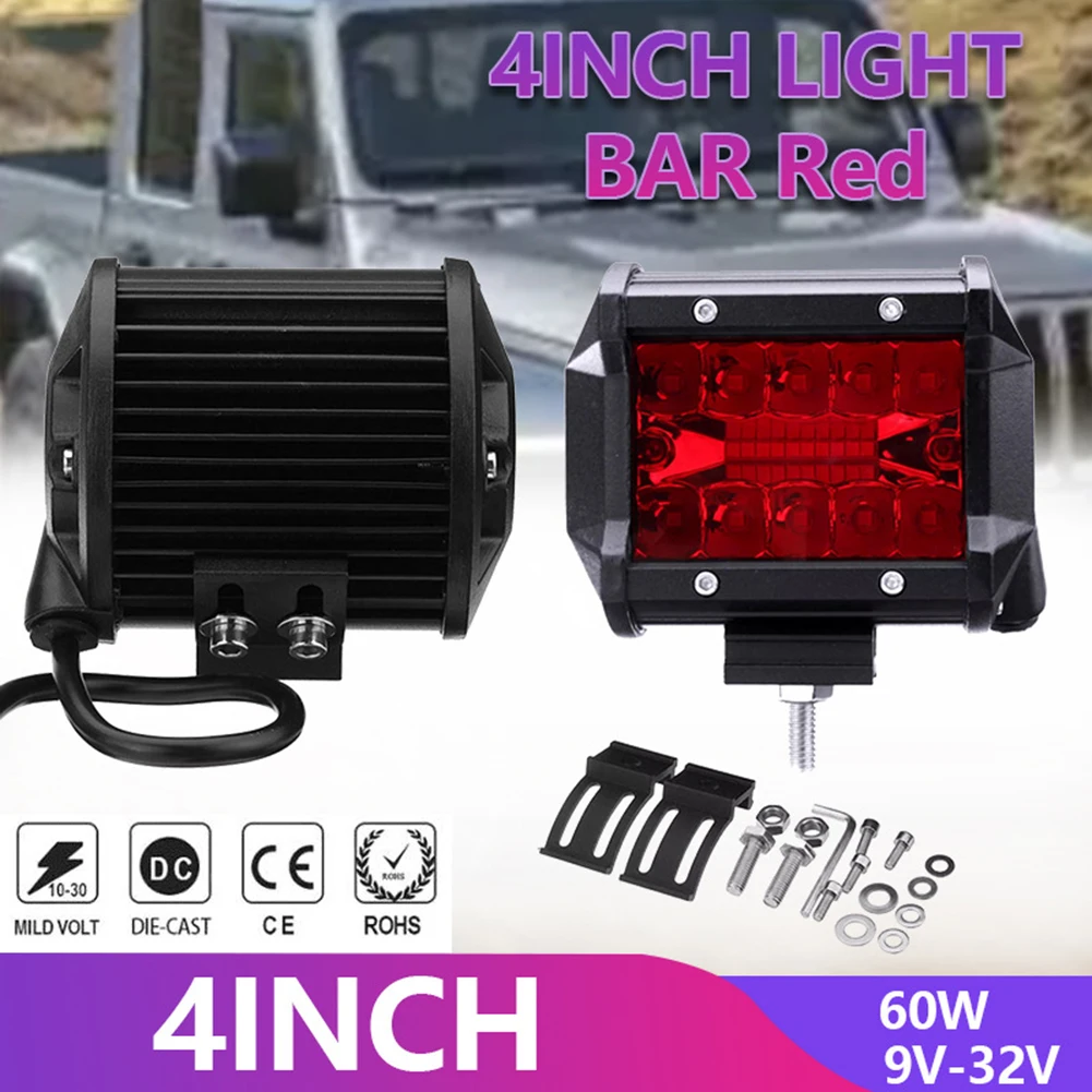 

High Intensity LED Work Light - 60W, Aluminium Alloy, Red Light, 9-32V, Waterproof P68, 50000H Life Ultra Bright LED Work Light