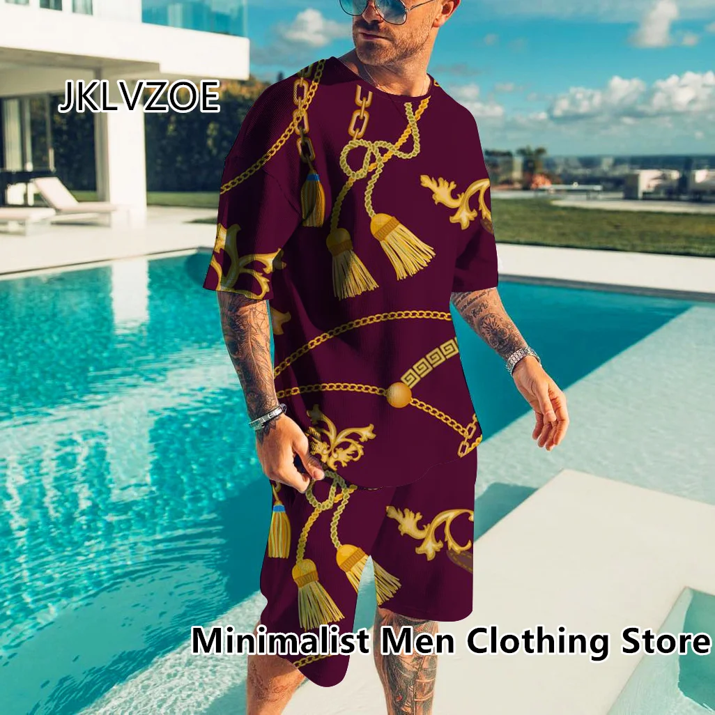 Men’s Set Luxury 3D Tracksuit Summer Vintage Gold High-End Print TShirt Shorts Suit 2 Piece Outfit Street Men Oversized Clothing