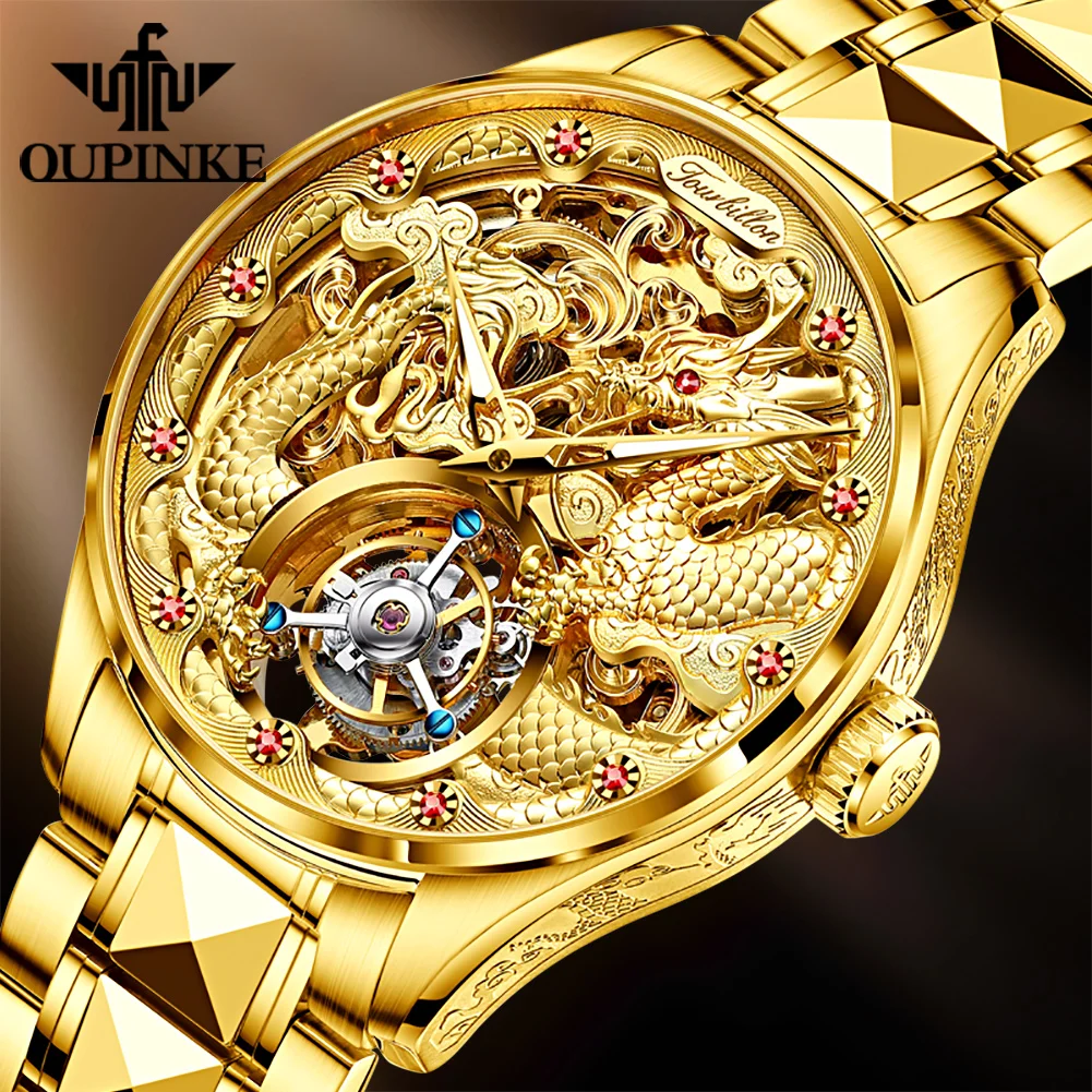 OUPINKE Brand Luxury Tourbillon Watch for Men Mechanical Sapphire Crystal Waterproof Gold Dragon Wristwatch Skeleton Transparent