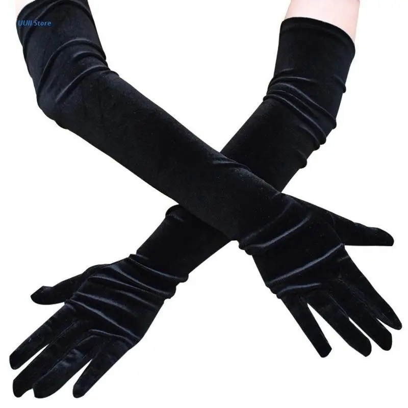 52cm Long Flapper Evening Opera Velvet Black Gloves for Women Elbow