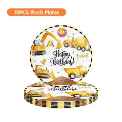 Construction-Themed Birthday Party Supplies Set with Tableware, Backdrop, and Yellow Balloons - 12INCH (10pcs 9inch Plates)