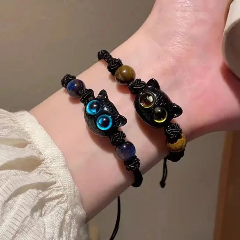 Cute Natural Stone Black Cat Bracelet for Women Girls Cartoon Animal Beaded Bracelets Handmade Jewelry Friends Couple Gifts