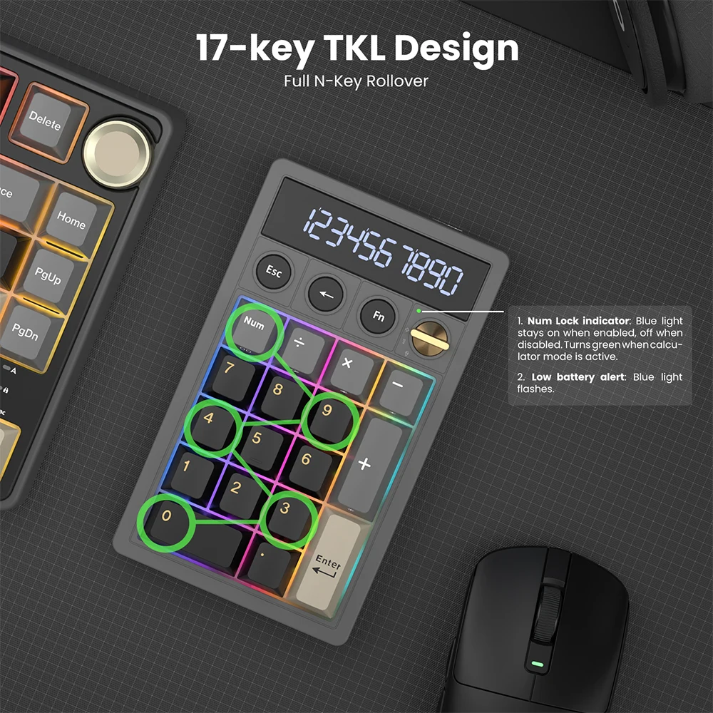 RK ROYAL KLUDGE M20 2.4 무선 숫자 키보드 17키 PBT 키캡 RGB 가스켓 노브 블루투스 계산기 키패드 핫스왑 가능