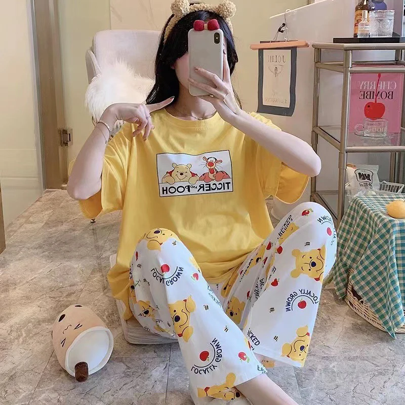 Disney Cartoon Mickey Winnie Snow White Pajamas Ladies Summer Short Sleeves Cute Pants Thin Girls Loose Homewear Pajamas Set 5