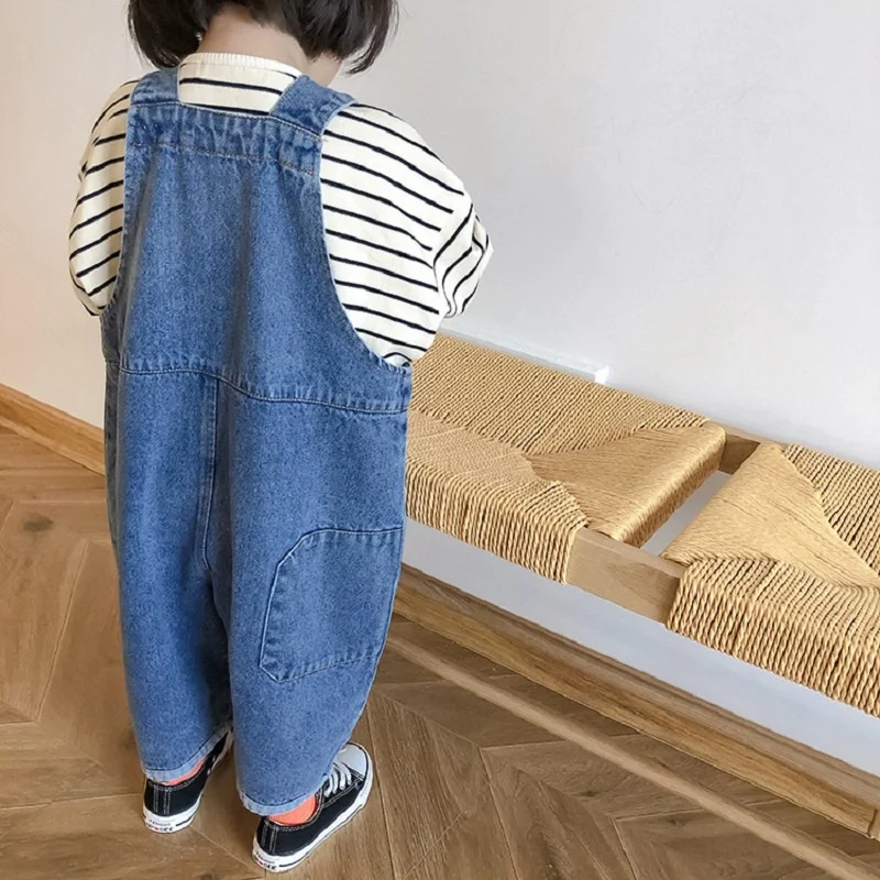 

Denim Strapes Fashion Overalls Straight Baby Girls Blue Loose Pants Wide Leg Kids Trousers For Spring Autumn 1-10 Years