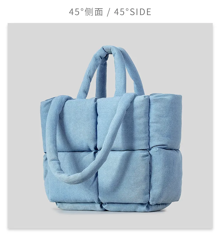 Women wearing padded denim puffer bag in winter