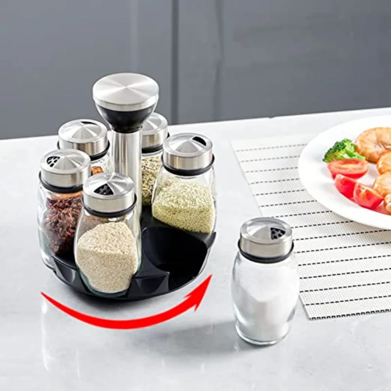 

Home Kitchen Rotary Base Seasoning Bottles 6 Glass Spice Filling Containers Used for Cupboards Countertops Kitchens Cooking Jars
