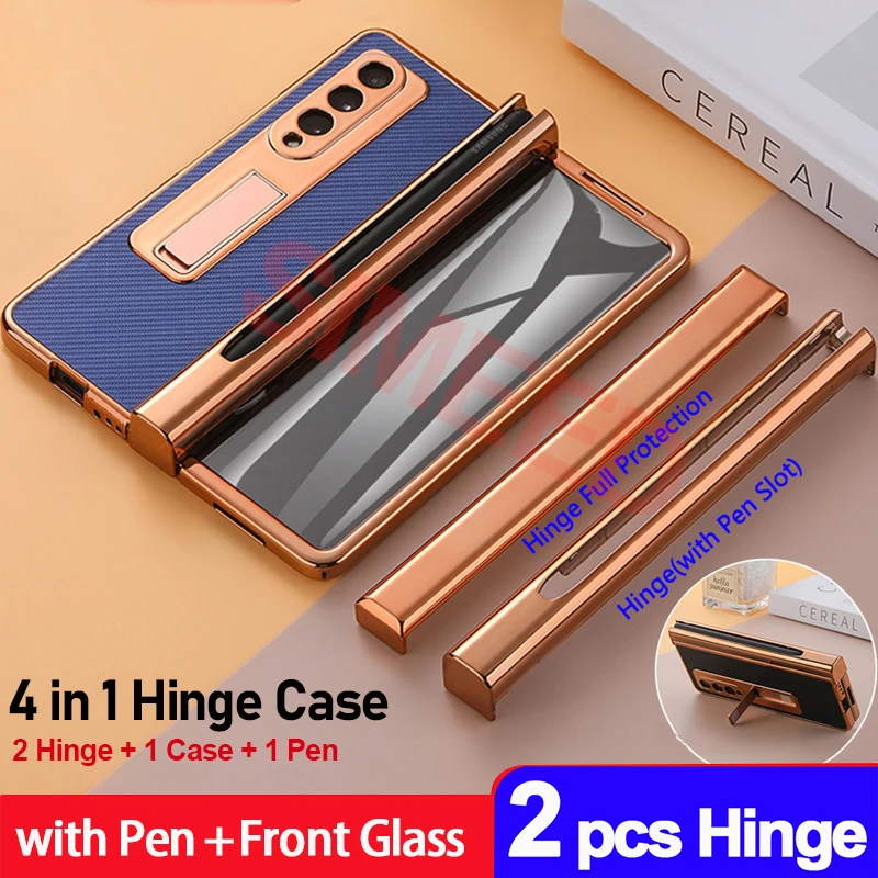 

with Touch Pen For Samsung Galaxy Z Fold 4 3 2 5G Case 2 PCS Hinge Pen Slot Front Screen Glass Stand Fiber Pattern Leather Cover