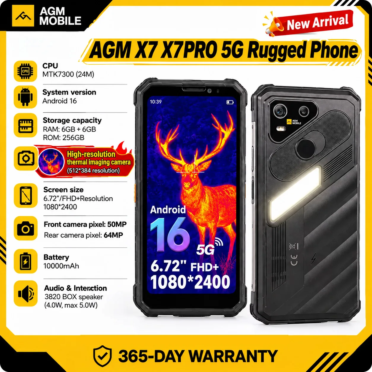 AGM X7 X7PRO 5G Rugged Phone 12GB+256GB 10000mAh Android 16 6.72 inch NFC ESIM 64MP CAM Wireless Charging Cell Phone