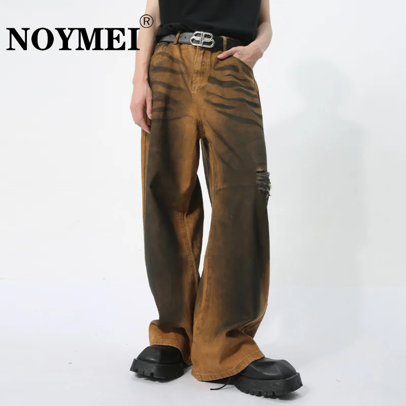 

NOYMEI Personalized High Street Fashion Summer New 2024 Men's Straight Wide Leg Denim Pants Dirty Jean Contrast Color WA4403