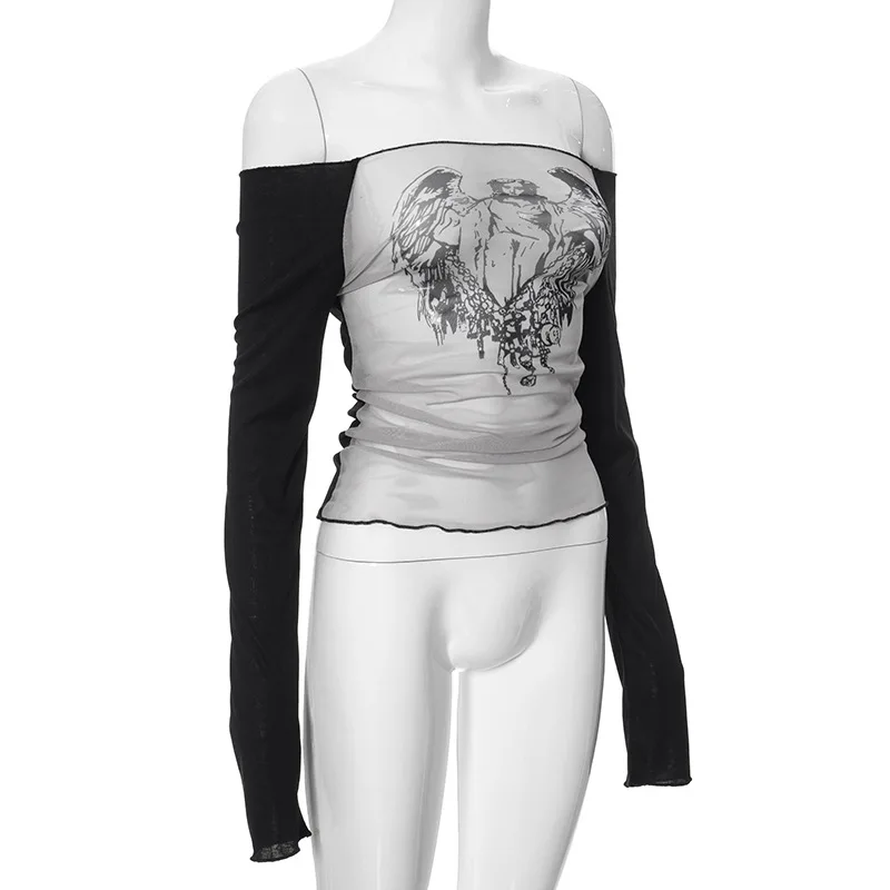 Fashion Knitted Mesh Character Print Graphic T Shirts Casual One-Piece Neckline Long Sleeve Women Clothes See-Through Y2k Top