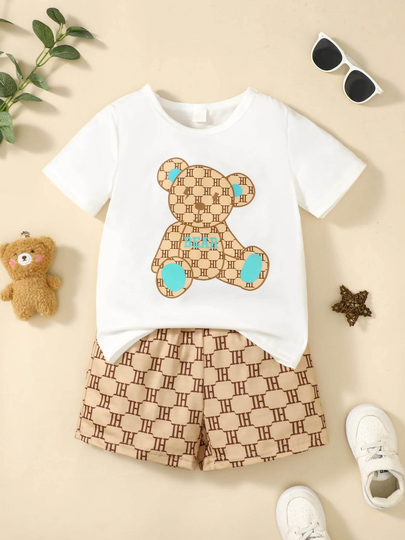 2PCS Children Boy Clothes Set Bear Print Short Sleeve T-shirt+Wave Point Shorts Fashion Summer Leisure Outfit Kid Boy 4-7 Years