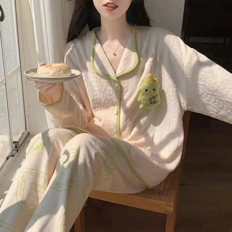 New Fashion Winter Pyjama for Ladies Girls Kawaii Cute Pajamas Set Sleepwear Women Flannel Light Home Clothing Cartoon Dinosaur