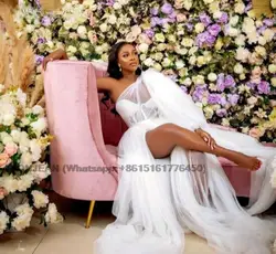 Robes de mariée unies pour les patients de la mariée, robe de douche, fentes hautes de la cuisse, une ligne, longueur au sol