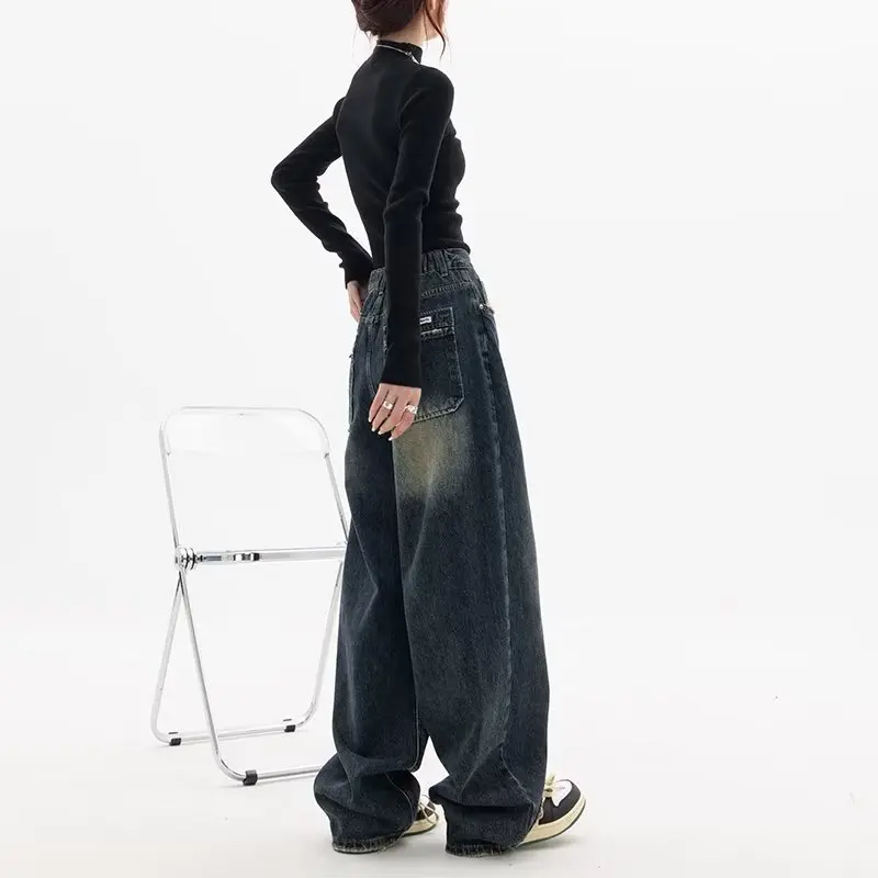 QWEEK Harajuku Women Baggy Jeans Y2K Vintage Streetwear Loose Korean Fashion High Waist Pants Femme Wide Leg Denim Trousers
