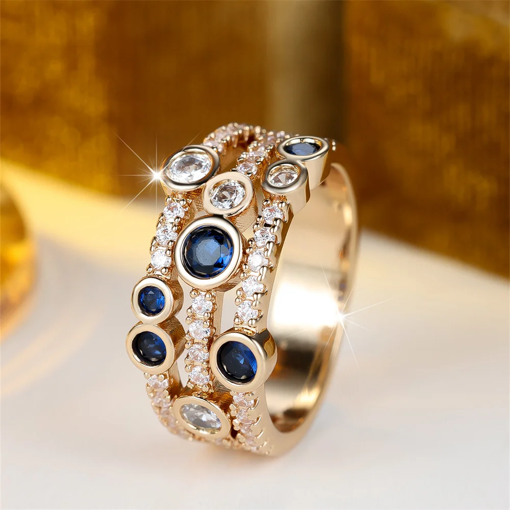 Blue Crystal Round Stone Three Layers Rings For Women Vintage Gold Color Engagement Ring Wedding Jewelry Bridal Versatile Gifts