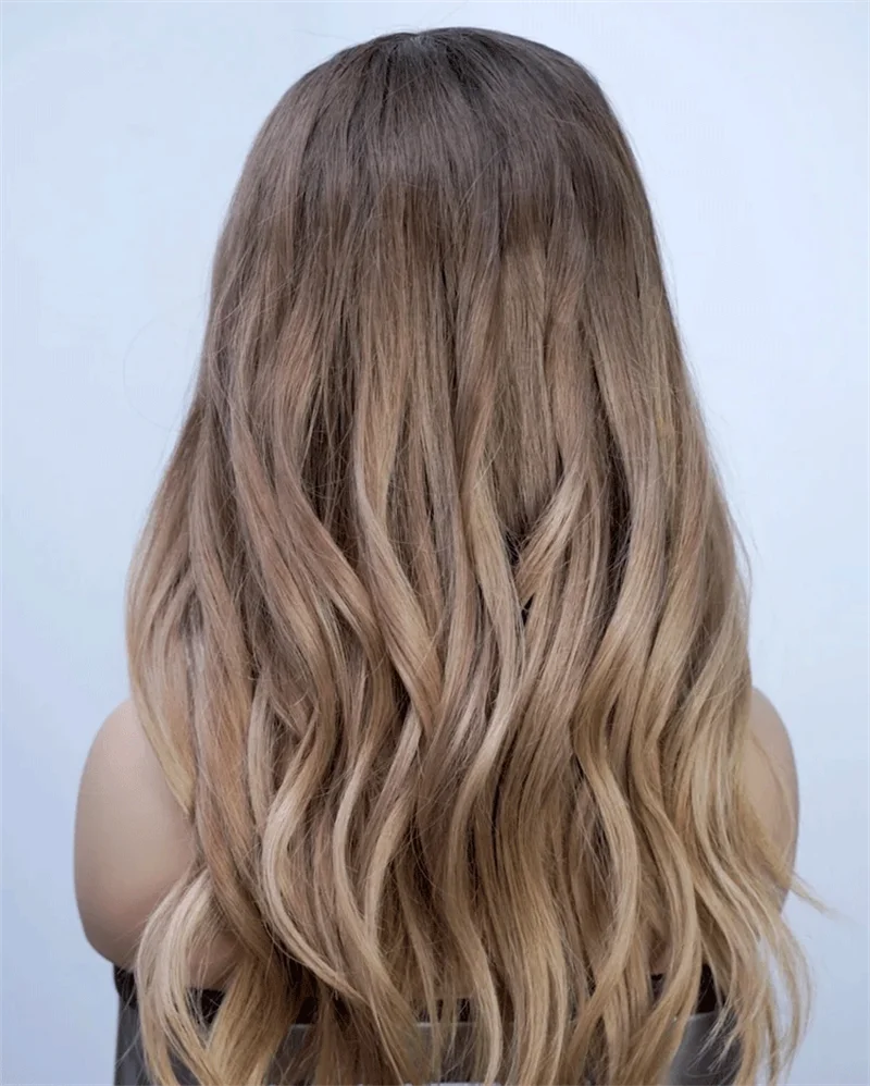Brown Blonde Streaks Long Wavy Blonde Dark Rooted Synthetic Lace Front Wig for Women High Quality Daily Use Cosplay