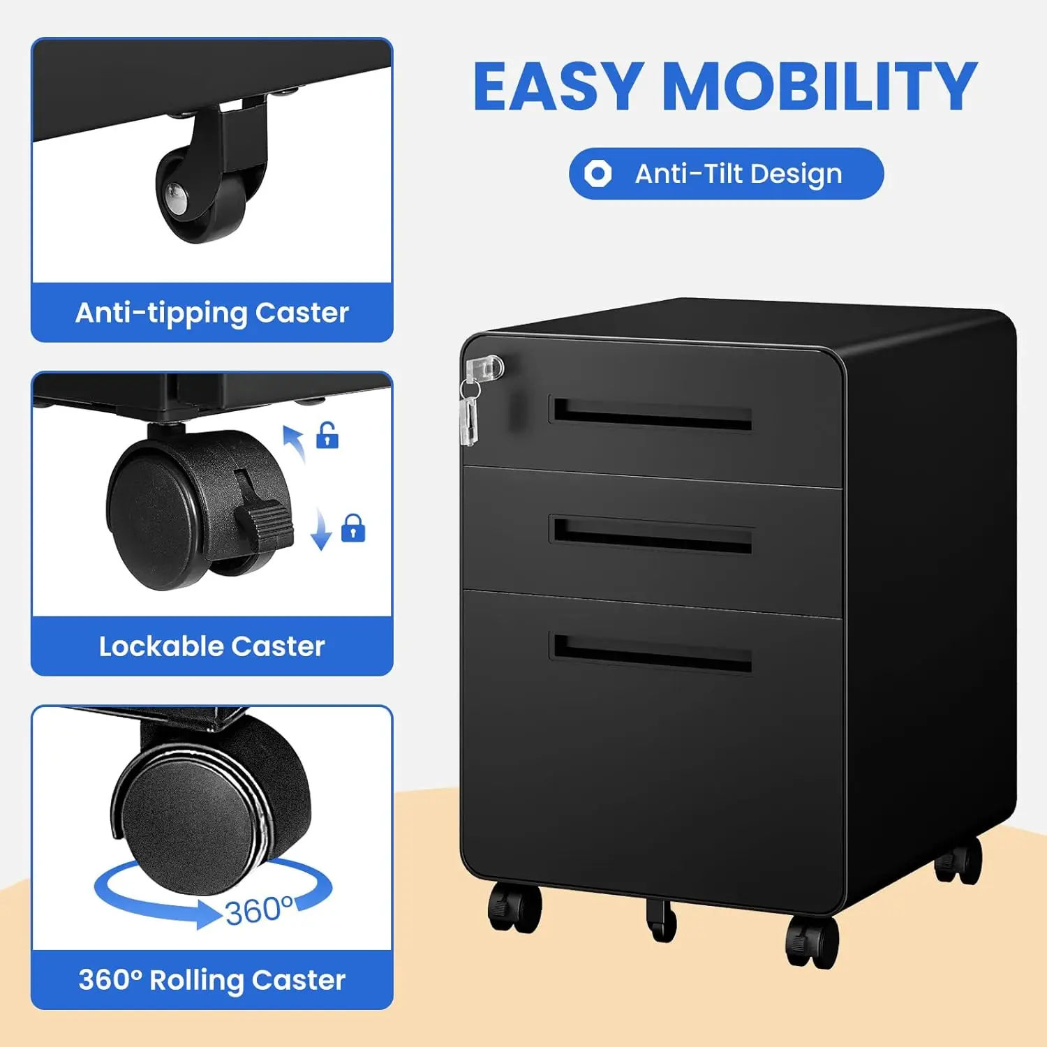 Mobile Filing Cabinet 3 Drawer, Rolling Small File Cabinet with Keys Under Desk, Modern Black Filing Cabinets