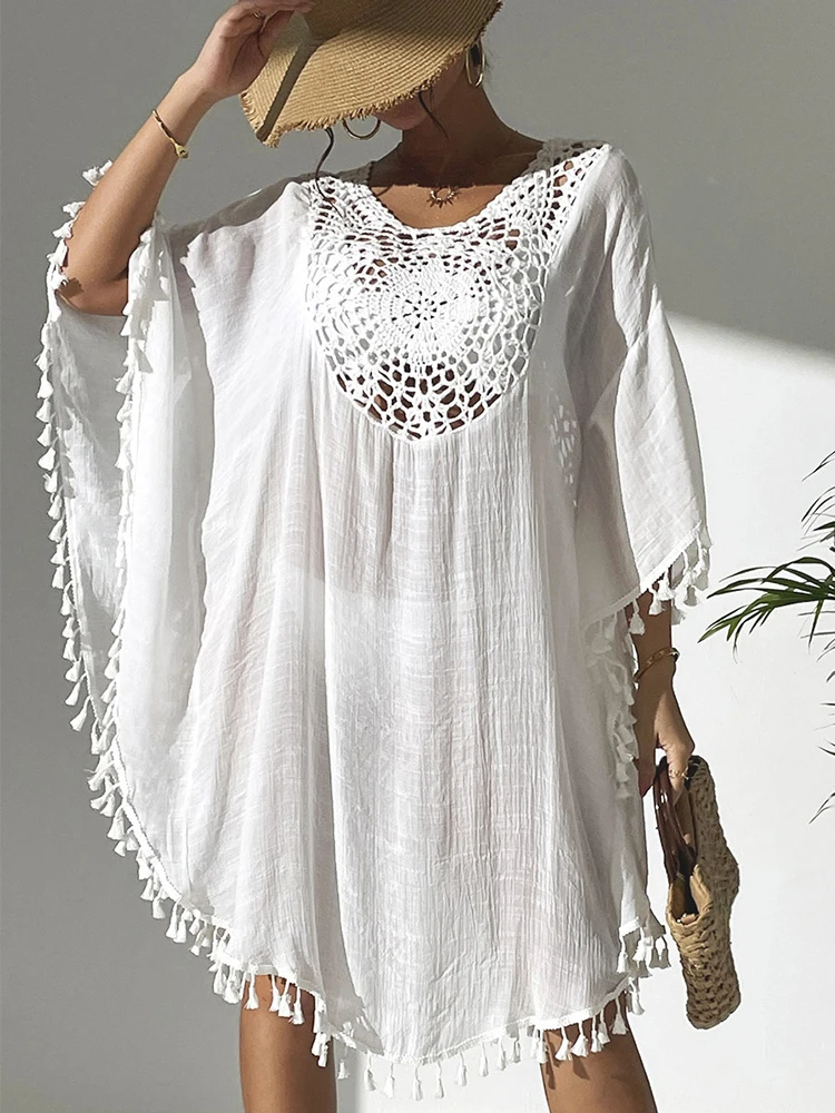 Summer Crochet Tassel Beach Cover Up for Women, Hollow Out V Neck Swimsuit Coverup, Loose Vacation Beach Dress 2026 Casual Loose 1