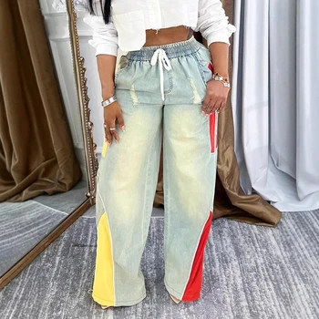 Pantalon large pour femme à taille élastique avec cordon de serrage, en jean patchwork légÚrement extensible, style sportif, idéal pour les vacances, type jogging/sweatpants