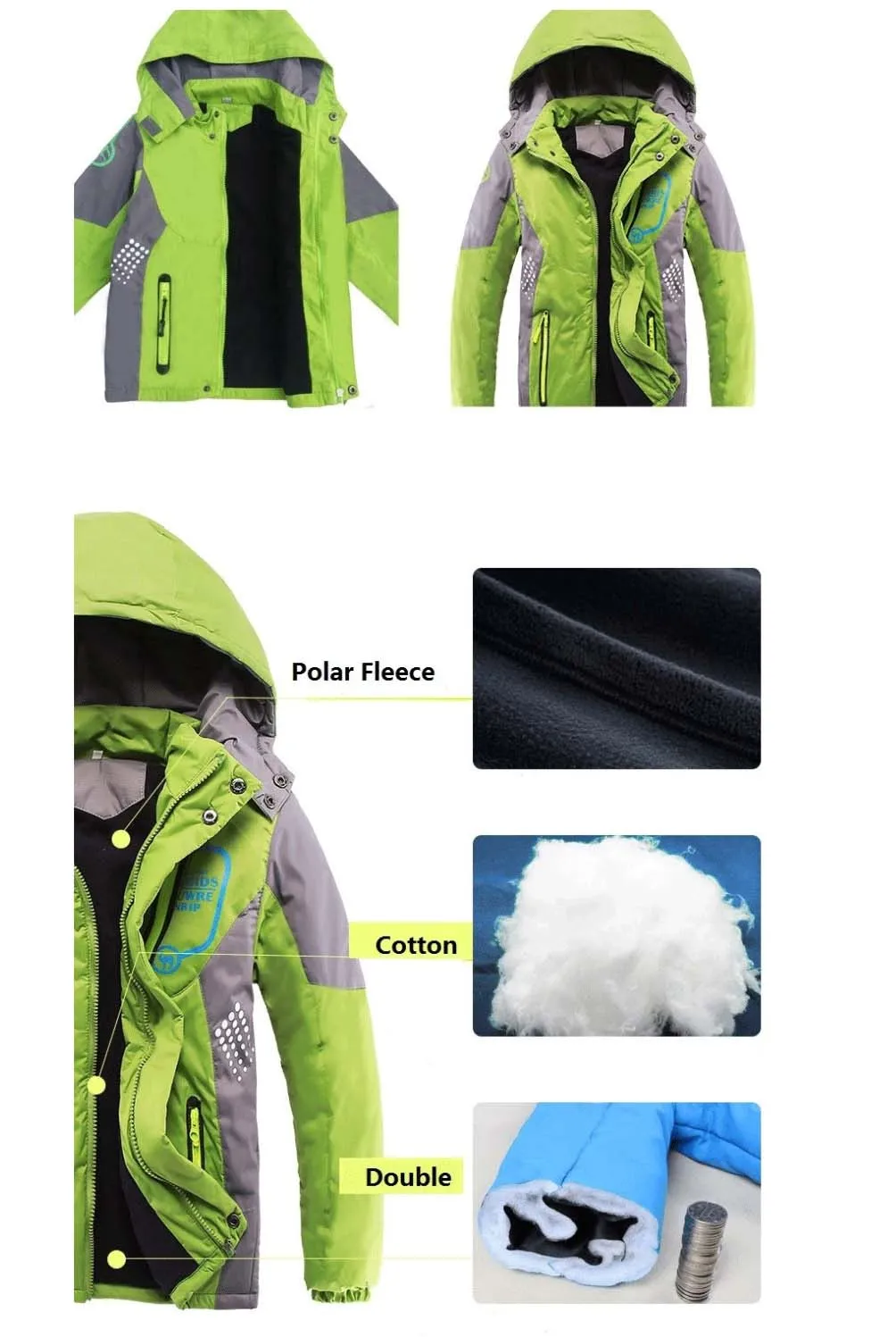 Winter Warmer Fleece Gepolsterter Dicker Kindermantel Wasserdichter Kontrast Abnehmbare Kapuze Reißverschluss Mädchen Jungen Jacken Kinder Outfits 3-12 Jahre – Detail 2