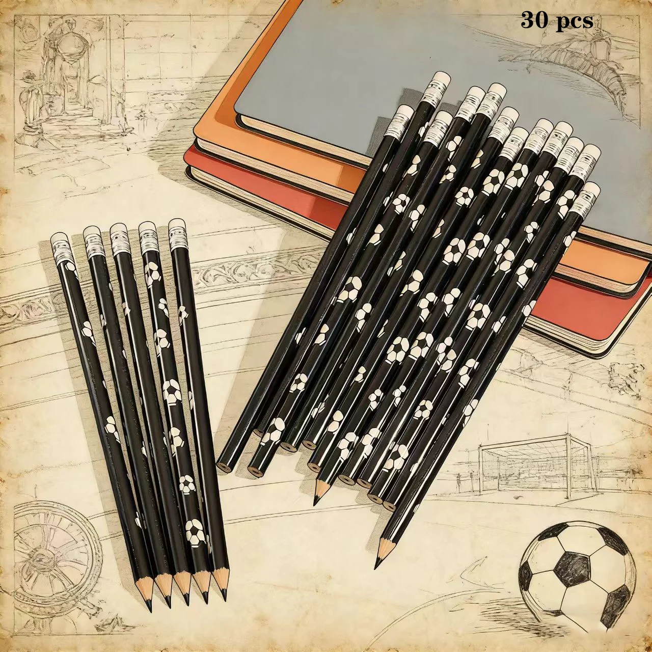 Matite a tema calcistico da 10/20/30 pezzi con gomme per cancellare, con squisiti disegni a tema calcio, matite in legno resistenti