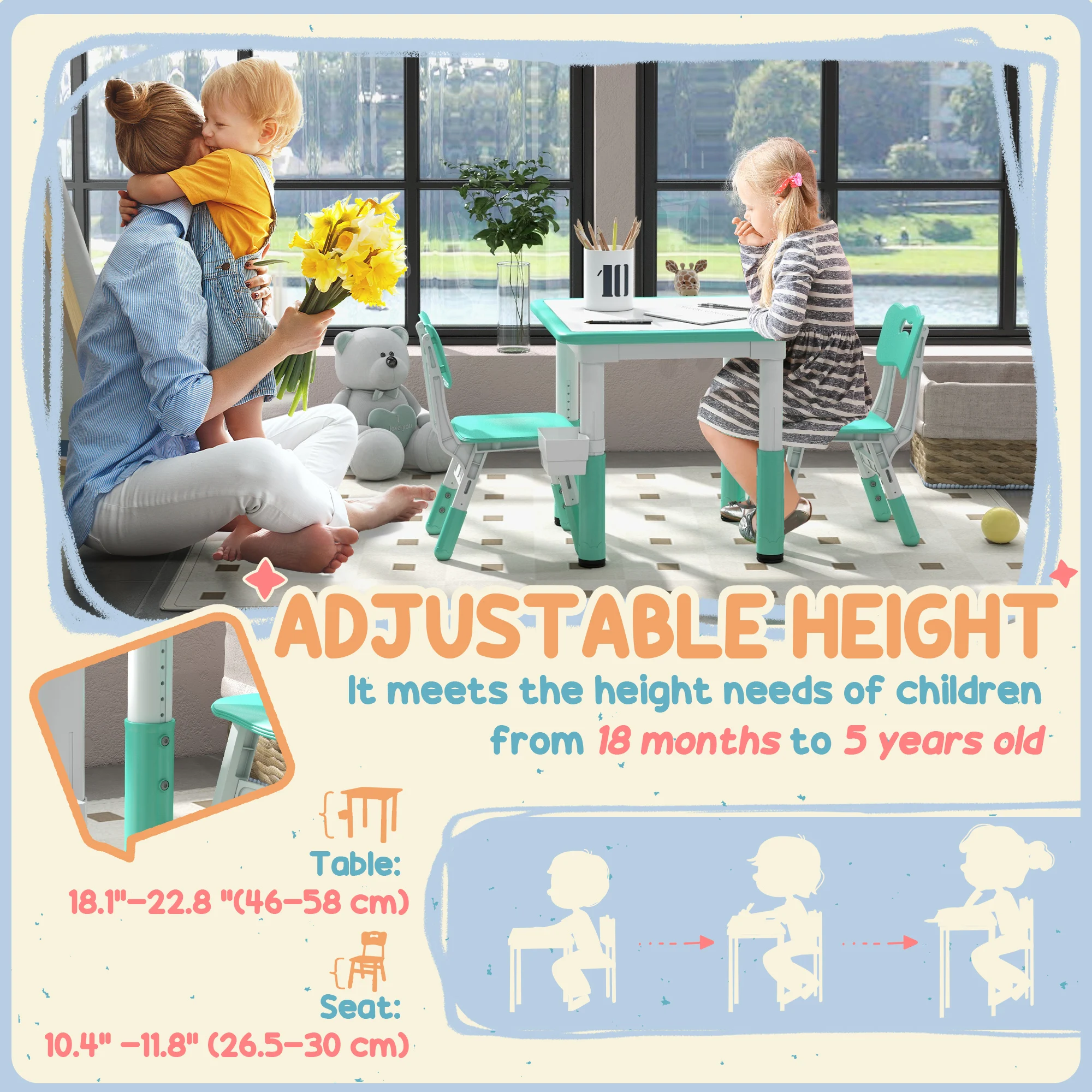 3 Pieces Height Adjustable Kids Table and Chairs for Daycare, Green 4