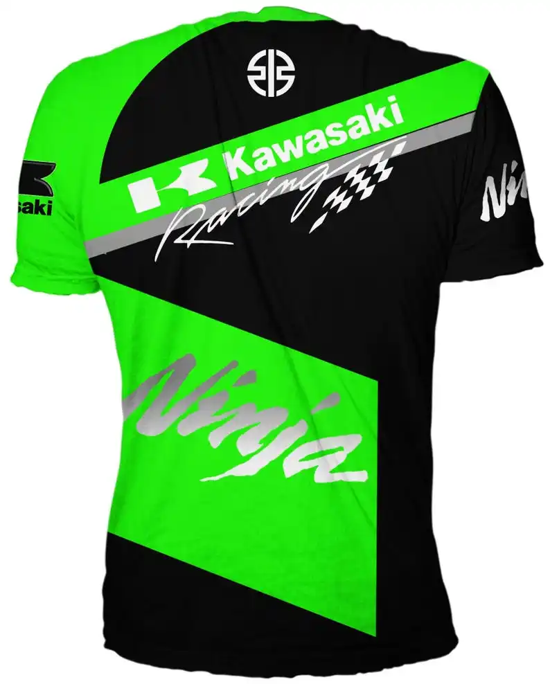 Men’s and women’s Kawasaki race t-shirt with breathable fabric and Yelir World cotton moto shorts displayed in a sporty summer outfit set 03