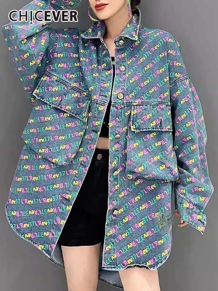 

CHICEVER Korean Letter Printing Denim Shirts For Women Lapel Long Sleeve Patchwork Pockets Irregular Hem Hit Color Blouse Female