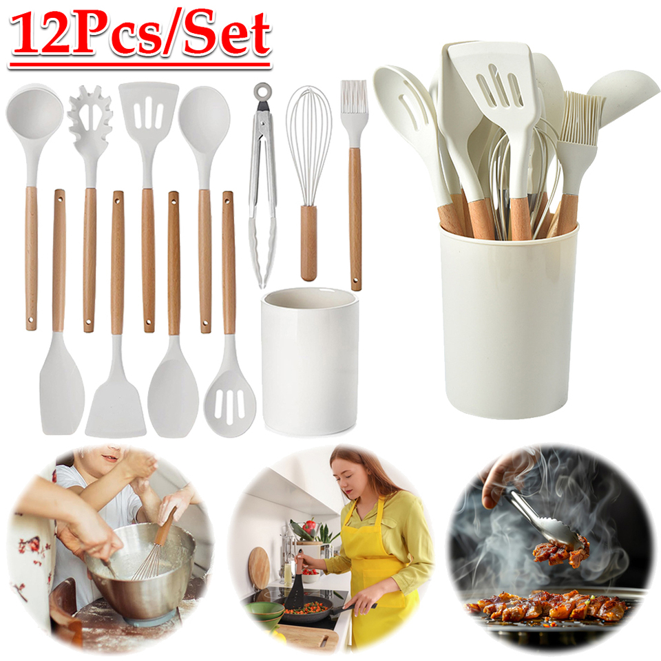 12Pcs Kitchen Utensil Set Heat-Resistant Cookware Wooden Handle Non-Stick Spatula Set Spatula Spoon Brush Whisk Kitchen Supplies