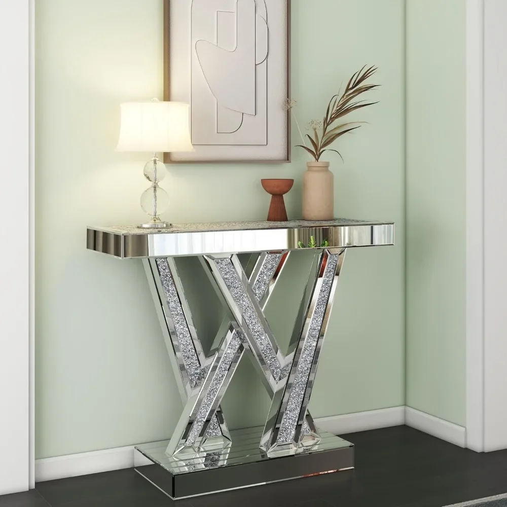 Decorative table Style W Silver Entryway Table Inlay with Sparkly Crushed Crystals, 35 inches Table for Living Room Hallway 6