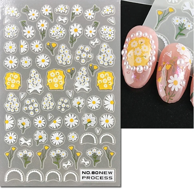 Nail Art 3d Ultrathin Stickers Summer Pink Daisy White Petals Flowers Adhesive Slider Decals Nail Decoration Manicure Beauty