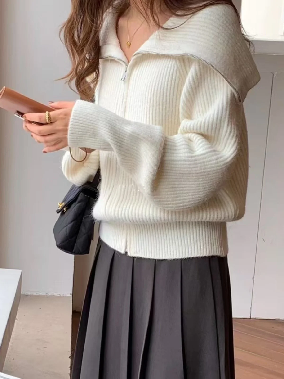 ay Zipper Ne Open Cardigan Sweater Women's Loose Knitted Top Winter Faion Korean Sle Big Collar Lazy Soft Warm Coat