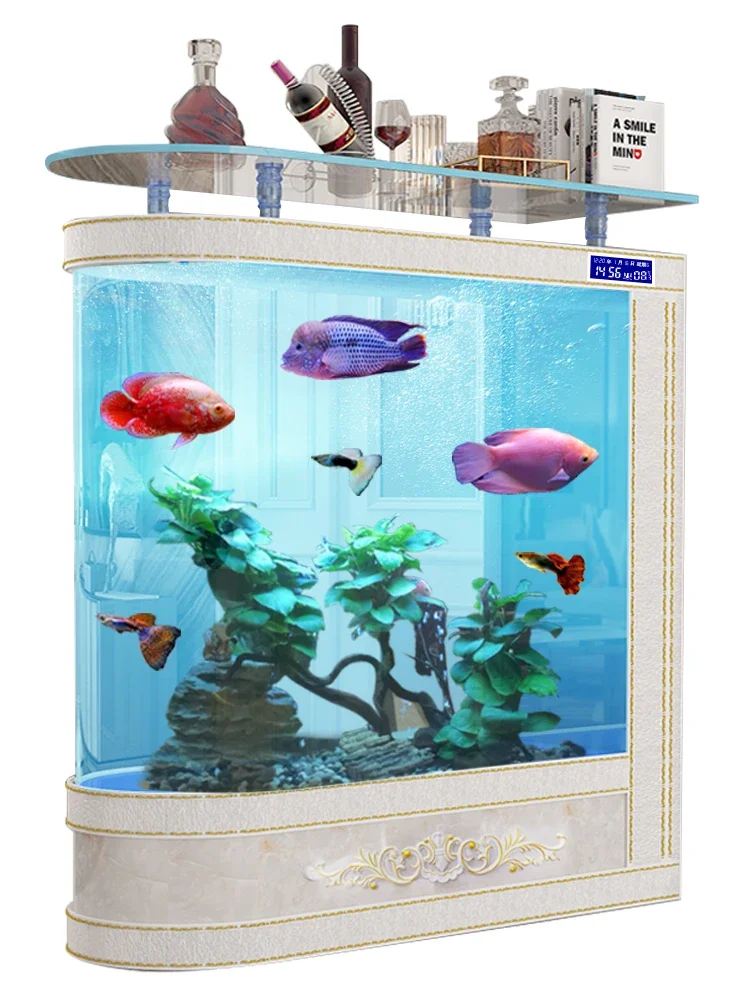 

Fish tank living room, large floor to ceiling screen partition, bullet head, circular curvature glass, no need to change water
