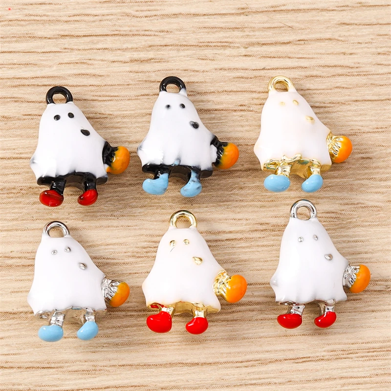 5 Stück 12 x 15 mm Cartoon-Halloween-Geist-Charms-Anhänger für die Herstellung von DIY-Halsketten, Ohrringen, Armbändern, Schmuckzubehör