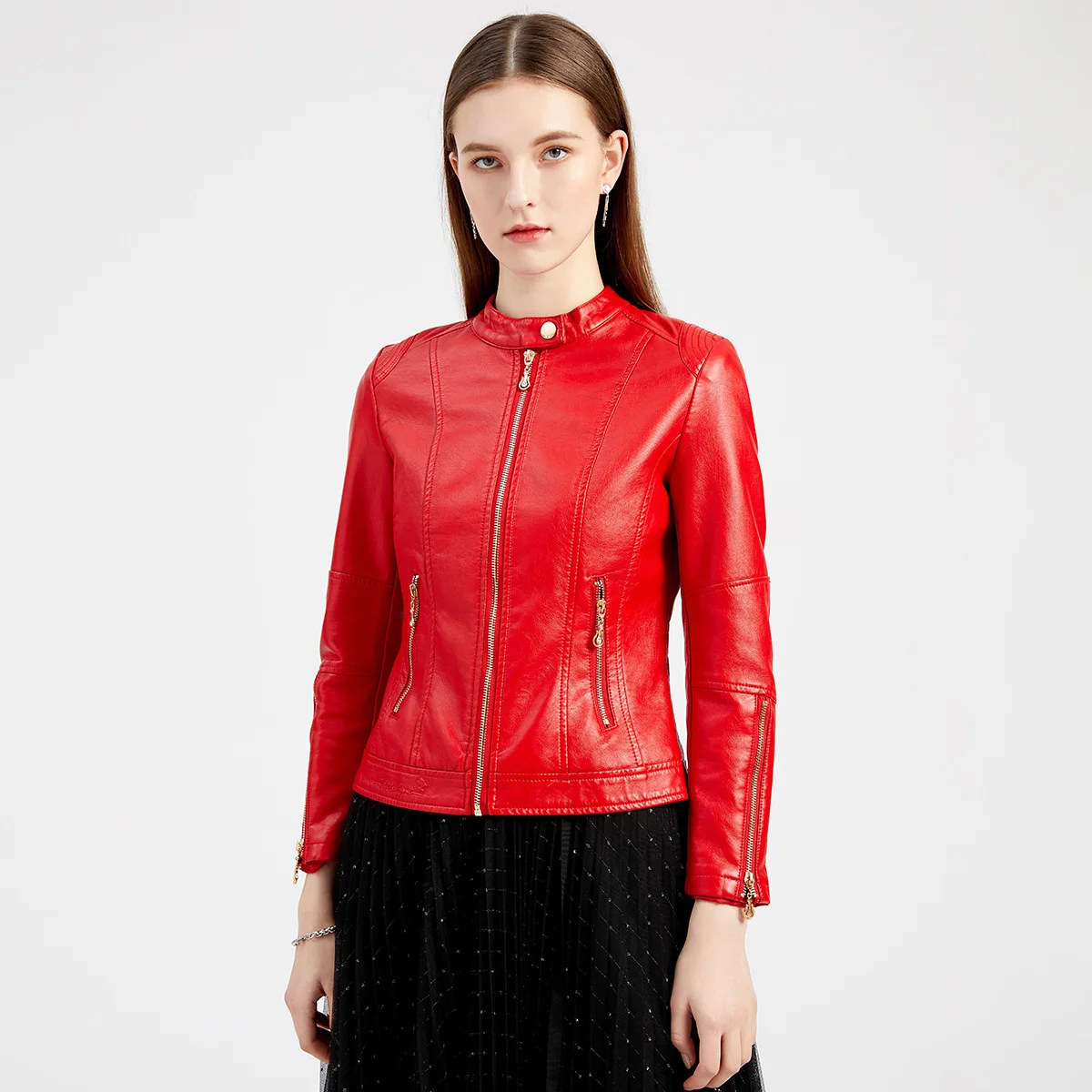 

2024New fashion women's leather clothes PU leather short coat stand collar jacket women's autumn thin leather jacket gram