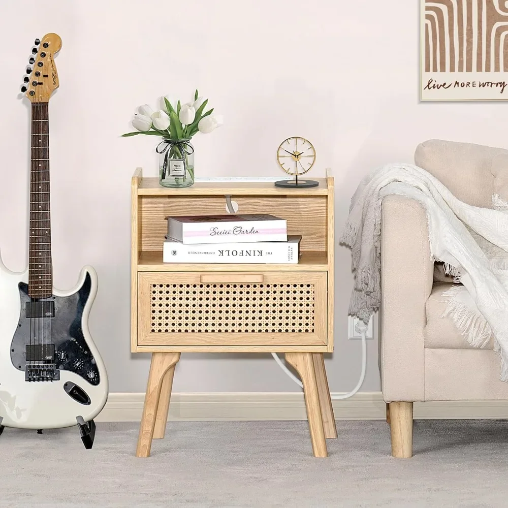 Rattan Nightstands Set of 2 with Charging Station, Boho Side Table with Drawer Open Shelf, Cane Accent Bedside End Table with S