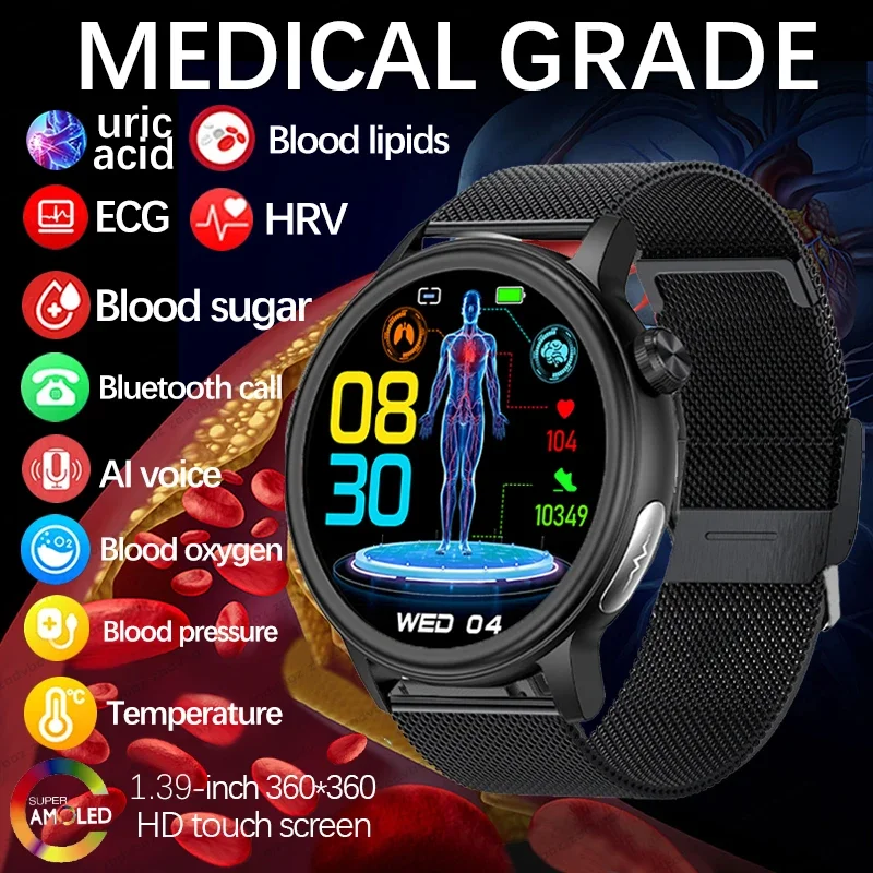 2024 New Healthy Blood Glucose Smart Watch Men Sports Ecg + Ppg Blood Pressure Monitor Della Temperatura Corporea Bluetooth Call Smartwatch