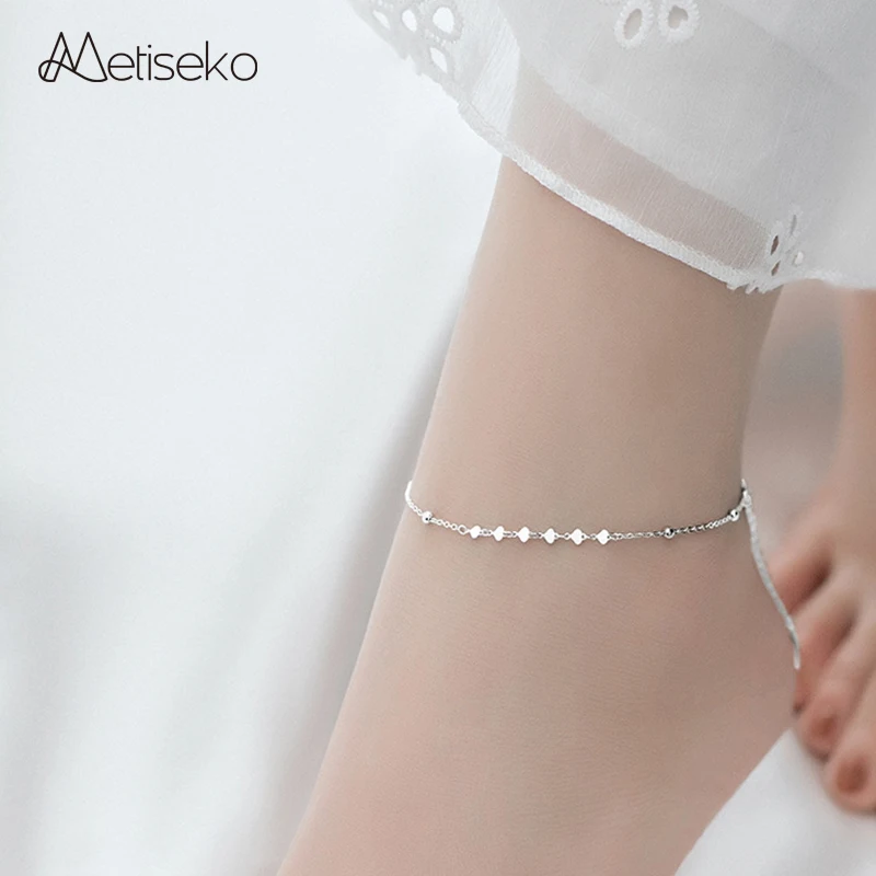

Metiseko 925 Sterling Silver Anklet Heart Shape Silver Flakes & Bead Pendant Anklet Simple Fashion for Women Party Holiday Beach