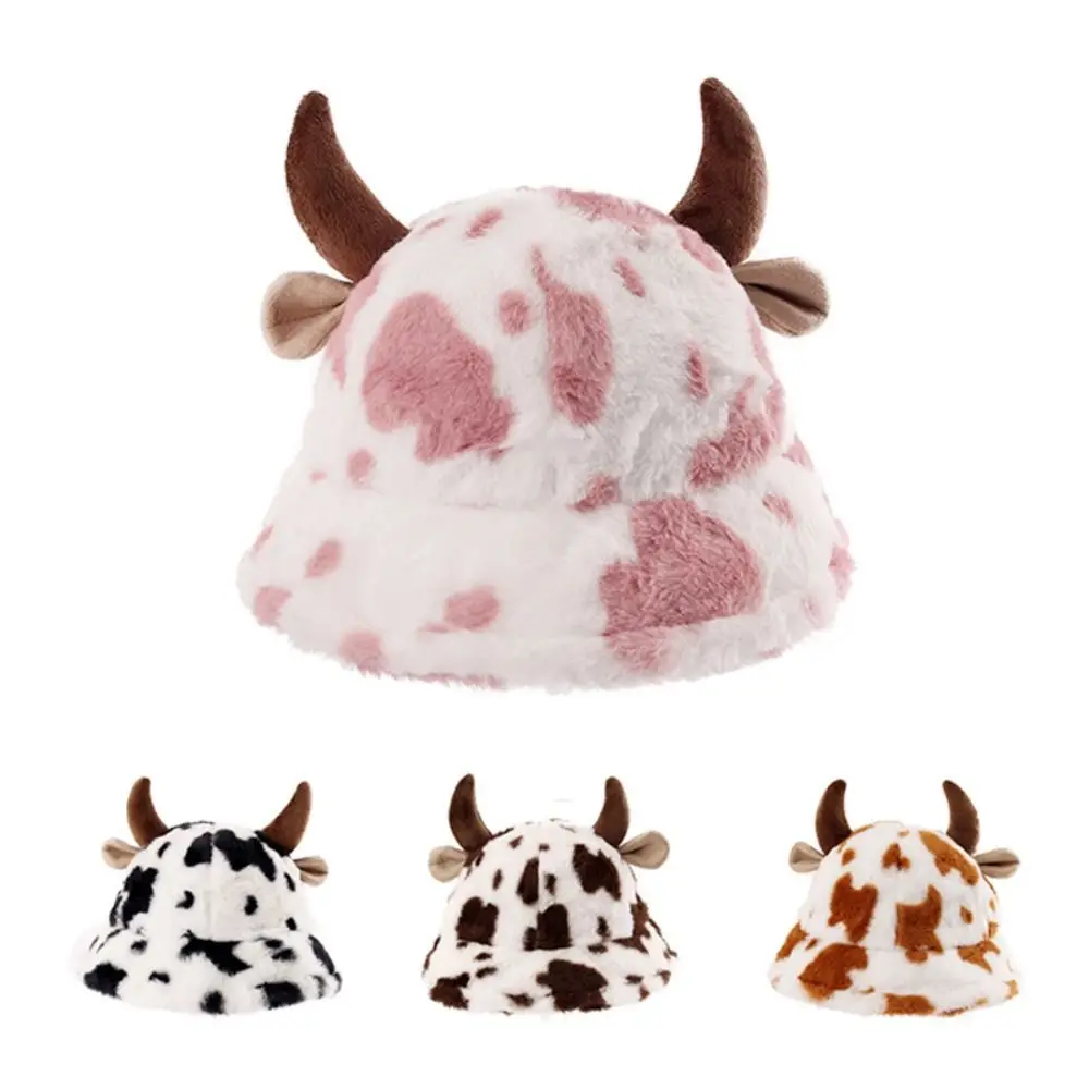 

Cow Pattern Bucket Hat New Thick Warm Windproof Beanies Plush Cow Horn Winter Caps Women