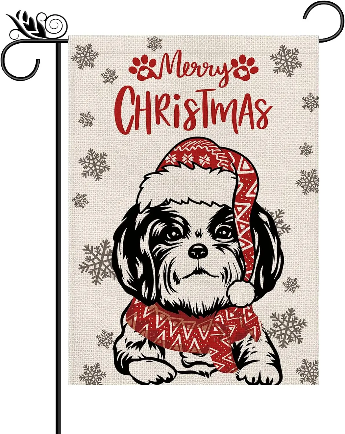 

Christmas Garden Flag Hat Shih Tzu Dog with Scarf Xmas Winter Holiday Decorations Double Sided Yard Outdoor Decor 12x18 Inch