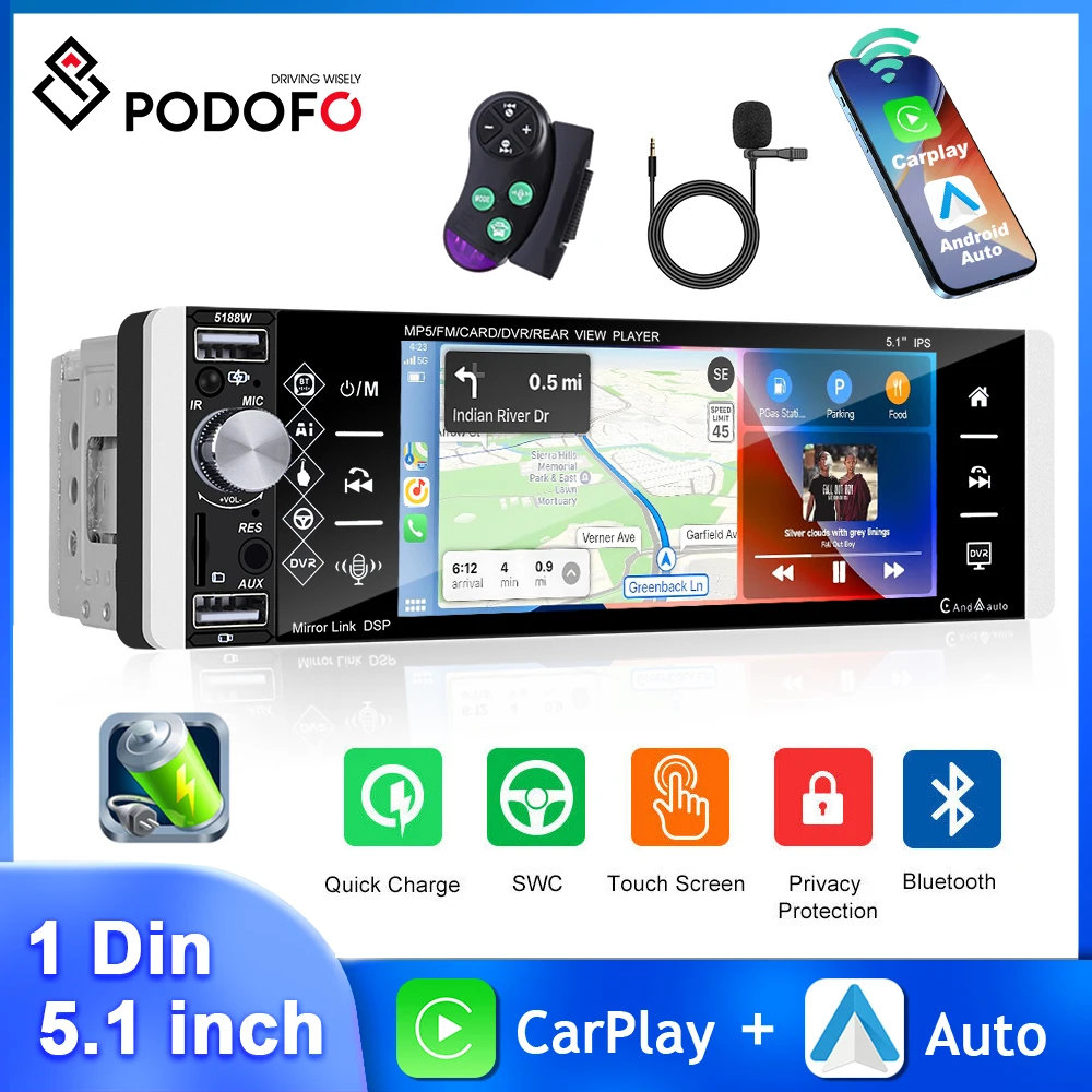 Podofo 5.1 ''Autoradio 1Din Mp5 Player Touch Screen Wireless Carplay Android Auto Fm/Am Lettore Multimediale Mirror Link Car Stereo