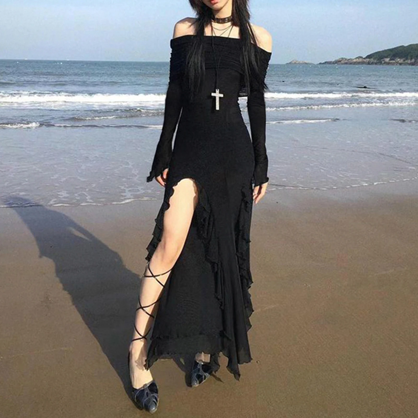 

Lady Summer Tunic Dress Off Shoulder High Slit Long Dresses Slim Fit Backless Dresses Knitted Solid Stretch Comfy Party Clubwear