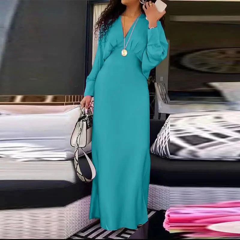 

Casual Autumn Solid Color Robe Dresses Ladies Sexy V-neck High Waist Party Dress 2023 New Elegant Long Sleeve Slim Office Dress